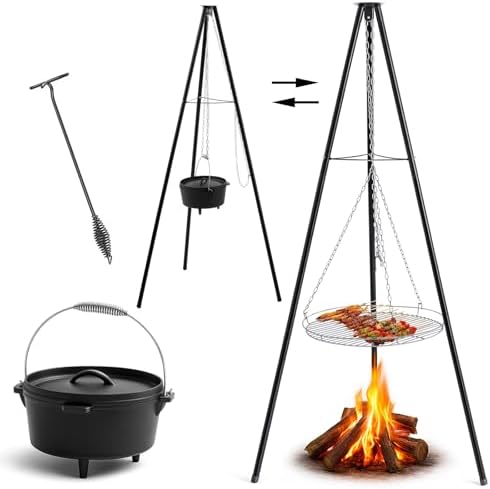 Maxdot Campfire Tripod for Cooking, Set Includes 4 Quart Cast Iron Dutch Oven with Lid, Adjustable Height Tripod Campfire Lantern Hanger,Round Grill Grate, Cap Remover for Cooking Fire