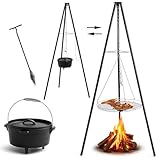 Maxdot Camping Tripod Dutch Oven for Camp Fire Cooking Equipment, 4 Quart Cast Iron Dutch Oven with Lid, Adjustable Height Tripod Campfire Lantern Hanger, Grill Grate, Cap Remover for over Fire Pit