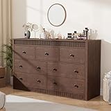 GarveeHome 7 Drawer Dresser for Bedroom, 54' Wide Fluted Wooden Chest of Drawers, Modern Long Storage Dresser Organizer for Living Room, Hallway, Entryway, Brown