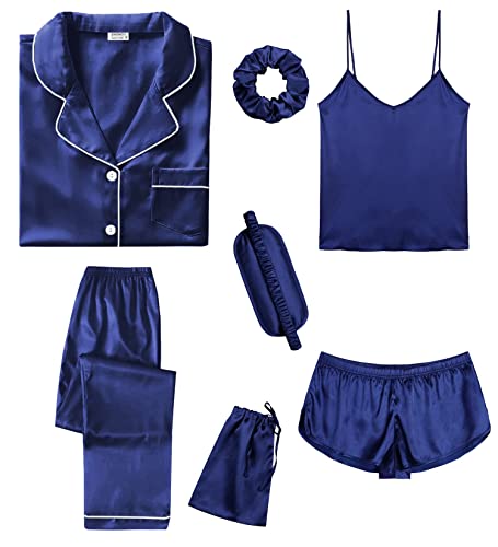 Image of SWOMOG Womens 7pcs Silk Satin Pyjama Set Short Sleeve Button Down Shirt Camisole Shorts Pants Pjs Set Eye Mask with Silky Hair Band Navy Blue Medium