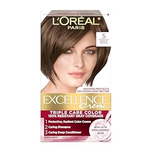 L’Oreal Paris Excellence Crème Permanent Hair Dye, Triple Care Hair Color with Hyaluronic Acid for 100% Gray Coverage, 5 Medium Brown, 1 Kit (Packaging May Vary)