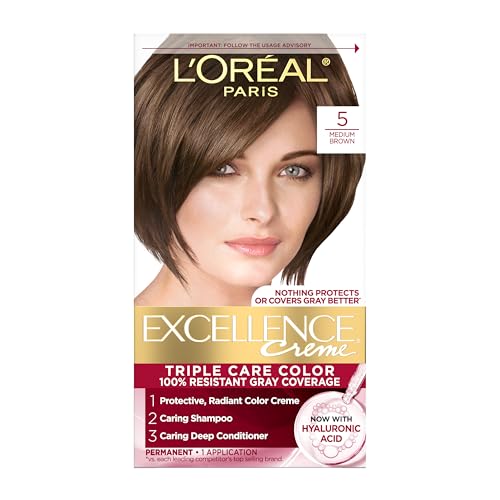 L’Oreal Paris Excellence Crème Permanent Hair Dye, Triple Care Hair Color with Pro-Keratine Complex for 100% Gray Hair Coverage, 5 Medium Brown, 1 Kit