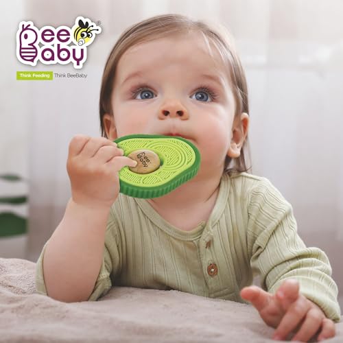 Image of BeeBaby Baby Teether for 6 to 12 Months Soft | Silicone and Wooden Teether for Baby | Teething Toys for Babies | Multi Textured BPA Free Teether | BIS Certified Baby Teething Toy | Avocado Green