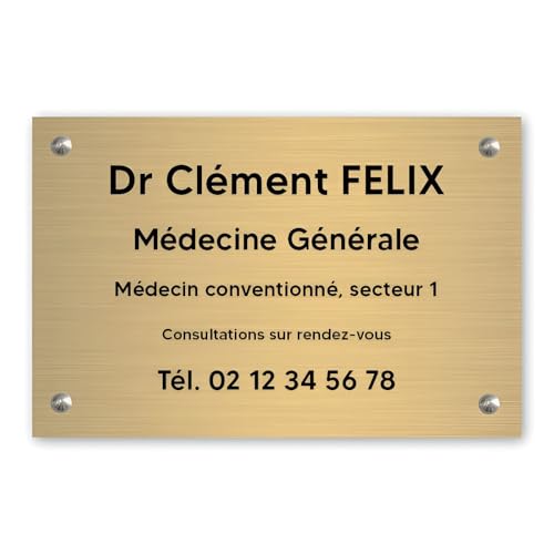 Plaque professionnelle personnalisée en PVC pour médecin - Format 30 cm x 20 cm - Or lettres noires - Vissé
