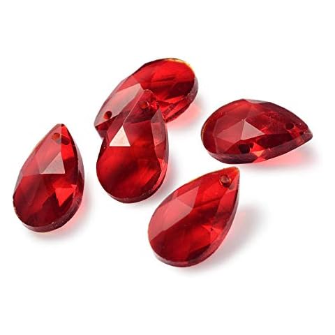 Beadthoven 100pcs Teardrop Glass Beads Red Faceted Dorp Crystal Beads Top Drilled Dangle Pendants for Jwewelry Making Chandelier Home Hanging Decor, Hole: 1mm Cover