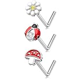 Meiighting 3Pcs Mushroom Nose Rings 20G Ladybug Nose Studs Surgical Steel 316L Flower Nose Piercing Jewelry L Shaped For Women 8mm Spring Piercing Jewerly