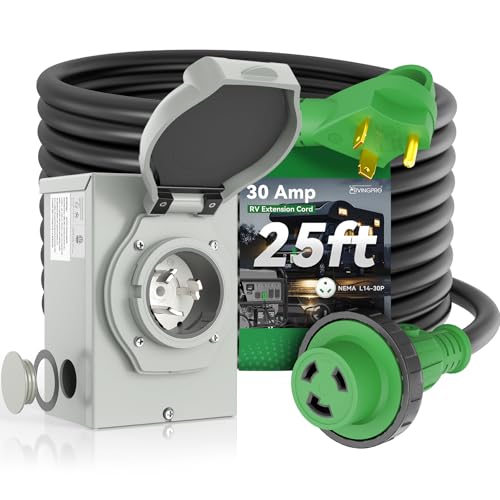 Pre-Drilled 30 Amp Generator Inlet Box and 30 Amp RV Extension Cord 25FT Waterproof Combo Kit, NEMA TT-30P to L5-30R Power Extension Cord with NEMA L5-30P Generator Inlet, ETL Listed
