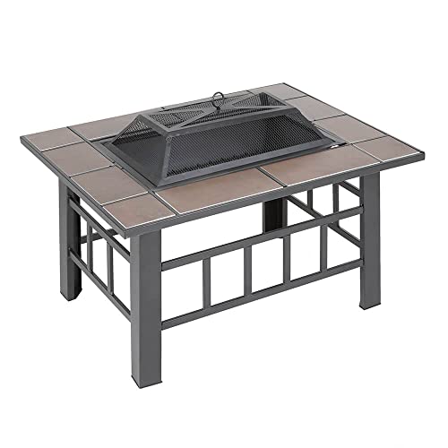 Trueshopping 3-in-1 Garden Fire Pit Table – Square Outdoor Fire Pit with BBQ Table Grill & Ice Bucket – Log Burner for Garden & Patio – Includes Poker, Safety Mesh, Heat-Proof Bowl & Weather Cover