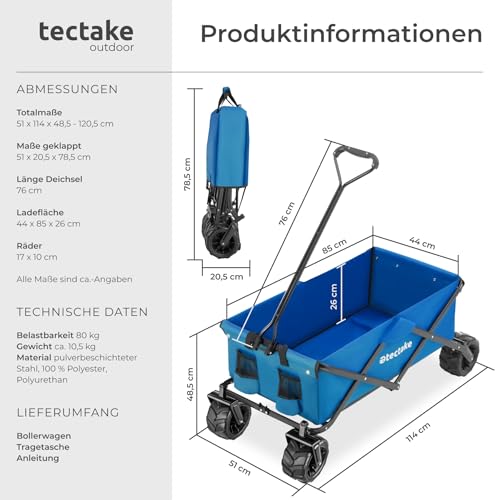 tectake® Faltbarer Bollerwagen, klappbarer Bollerwagen, extra breite Gummireifen, als Einkaufstrolley, Transportwagen, Strandwagen, faltbar und klappbar mit einem Griff, Klappbollerwagen - blau – Bild 8