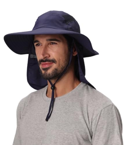Home Prefer Mens UPF 50+ Sun Protection Hat Wide Brim Fishing Hat with Neck Flap (Navy Blue) - Thumbnail 3