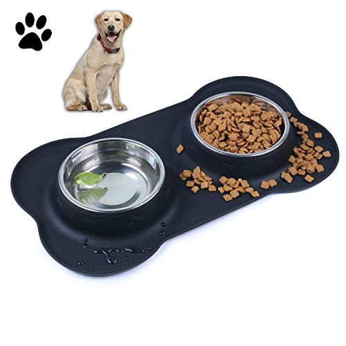 SeeKool Pet Comedero para Perro Gato y Mascotas de Acero Inoxidable, con Comedero Plegable, Base de Silicona Antideslizante, 2 Cuencos Comedero para Comida y Agua, Perros Grande/Medianos y Gatos (M)