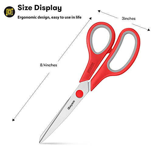 Image of iBayam 8.5 inch Household Scissors All Purpose 3 Pack, Red Black Blue Scissors | Ultra Sharp 2.5mm Thick Blade Shears Comfort-Grip for Office Desk Sewing Fabric Home Craft School Supplies, Right /Left Handed
