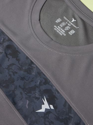 Image of TECHNOSPORT Men Polyester Self Design Chest Print Slim Fit Long Sleeve T-Shirt for Gym, Workout and Regular Use with SPF50+