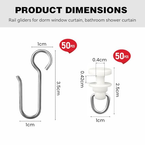 100 Stück Gardinenröllchen für Schiene, 50 Gardinenhaken Gleiter und 50 Metall Vorhang Haken, Gardinenröllchen, Gardinengleiter für alle Standardschienen, Vorhang Haken, Duschvorhang Schiene