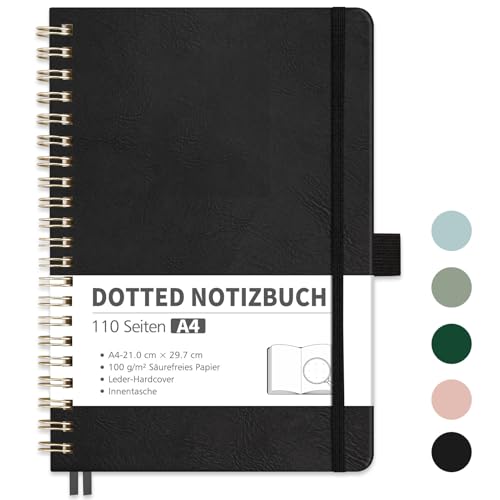 RETTACY Notizbuch A4 Dotted, Bullet Dot Journal mit 100 g/m² Dickem Papier, 55 Blatt, Notebook für Büro und Schule, Lederhülle, Schwarz, 21 cm x 29.7 cm