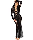 RSLOVE Womens Lingerie Fishnet Dress - Babydoll Nightgown for Women Long Chemise Dress Sexy Maxi Dress Lace Bodystockings Mesh Nightwear Black, One Size