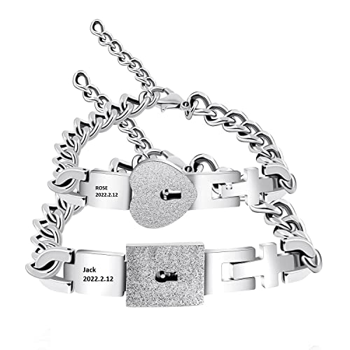 Uloveido Personalized Engraved Name Date Stainless Heart Square Lock Bangle Bracelet with Extended Chain Y1843-engraving