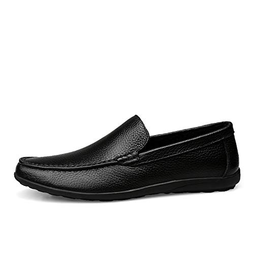 Breathable Driving Loafer for Man Soft Casual Boat Shoes Business Lined Oxford Slip On Style Genuine Leather Round Toe Flat Heel(Black,10 M US)
