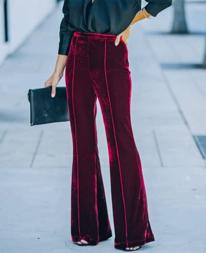 Women Velvet Flare Pants Elastic High Waist Side Zipper Bell Bottom Trousers2