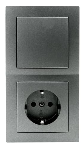 McPower Steckdosen Set | Flair | Tür 2-Fach Profi | 3-teilig, Wandsteckdose mit Lichtschalter, Klemmanschluss dunkelgrau anthrazit, matt
