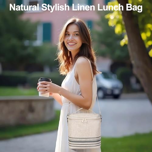 neatlife Lunch Bag for Women, Soft Linen Lunch bag with adjustable shoulder strap, Insulated Womens Lunch Bag for Work, Machine Washable Lunch Box with removable liner (Gray Stripe) - image 5