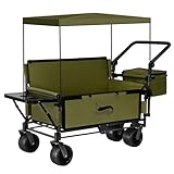 DesertFox キャリーワゴン キャリーカート【特許出願】【10CM極太タイヤ·ブレーキ付】 3WAY キャンプ 椅子 子供用ソファー 取り外し可能屋根付き 防雨・防雪&折りたたみ式物置台&クーラーボックス付き 静音 大容量 耐荷重200kg コンパクト 折り畳み ワンタッチ収束型 キャンプ キャリー レジャー BBQ 運動会 荷物運び 引っ越しYZK-BB(緑)