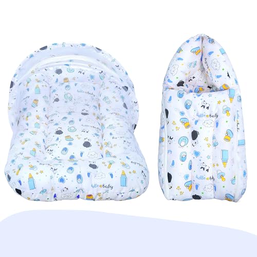 Image of Cotton Baby Bedding Set for New Born Baby Sleeping Bag, Mosquito Net Bed Suitable Upto 6 Months Babies (Panda Blue), 500 TC
