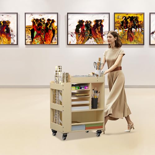 uyoyous Kunstwagen rollendes Holz, Kunst- und Handwerksbedarf Organizer, multifunktionaler Aufbewahrungsschrank Handwerk, DIY Gebrauchswagen mit Papierregal, Kunstbedarfswagen（50 * 32 * 66.8cm）