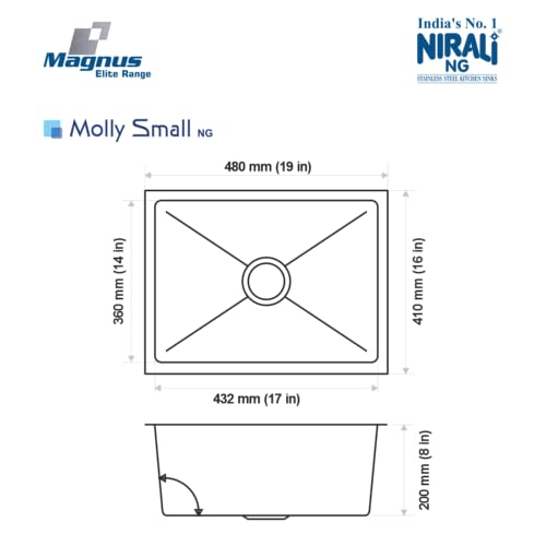 Image of NIRALI Kitchen Sink 19 inch x 16 inch Square 304 Stainless Steel | Single bowl Sink Round Coupling | Rust & Stain Resistant | Matt Finish | Minimizes Sound Molly Square Sink (19 inch x 16 inch x 8 inch)
