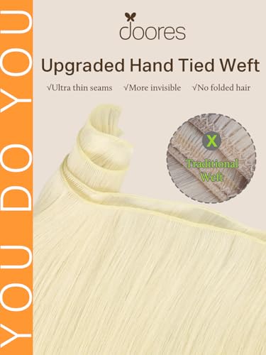 Image of DOORES Genius Sew in Hair Extensions Real Human Hair, 22 Inch Platinum Blonde 60g, Hand Tied Sew in Weft Extensions Natural Looking