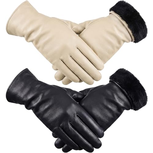 Cuffbow 2 Pairs Women's Lambskin Leather Gloves Touch Screen Warm