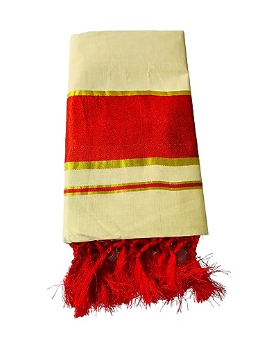 Women's Kuthampully Kerala Kasavu Saree with Kunjalam (Tussle) Ti...