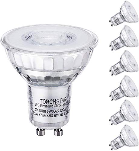 TORCHSTAR Dimmable LED MR16 GU10 Glass Spot Light Bulb, 5.3W (50W Equivalent), 3000K Warm White, 380 Lumens, UL and Energy Star Certified, 3 Years Warranty, Pack of 6