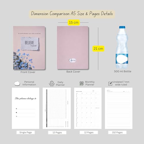 Image of Motivational Floral A5 Notebook Diary for Women & Students | Softbound Laminated Cover | Monthly Planner + Daily Planner | 21 x 15 cm Ruled Journal | Inspirational Quote Cover