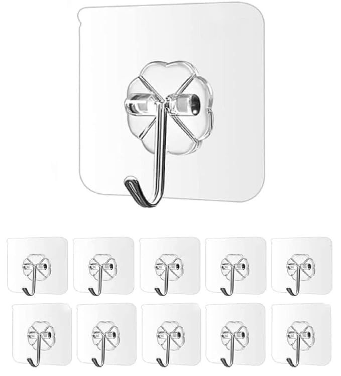 BoldBlossom Adhesive Hooks Heavy Duty Wall Hooks, Nail Hook for Hanging Coat, Hat,Towel Robe Hook Rack Wall Mount- Bathroom and Bedroom Hooks for Wall Without Drilling (Nail Hook Trasparent)-10pcs