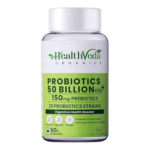 Health Veda Organics Probiotics 50 Billion CFU – Daily Gut, Digestion & Immunity Support – for Men & Women – 60 Veg Capsules