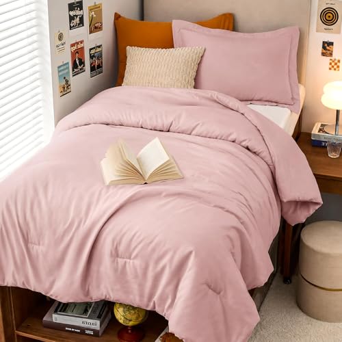 Image of MUXHOMO Twin /Twin XL Comforter Set, All Season Ultra Soft Down Alternative Bedding - 2 Piece Lightweight Bed Set Includes 1 Comforter (68 inchx88 inch) and 1 Pillow Shams (20 inchx26 inch), Rose Gold
