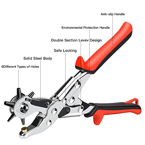 Airaj Pro Leather Hole Punch Tool,Revolving Punch Plier Kit,6 Multi-Hole Sizes Belt Hole Puncher,Fabric Hole Maker For Belt,Bands,Crafts #TOP2