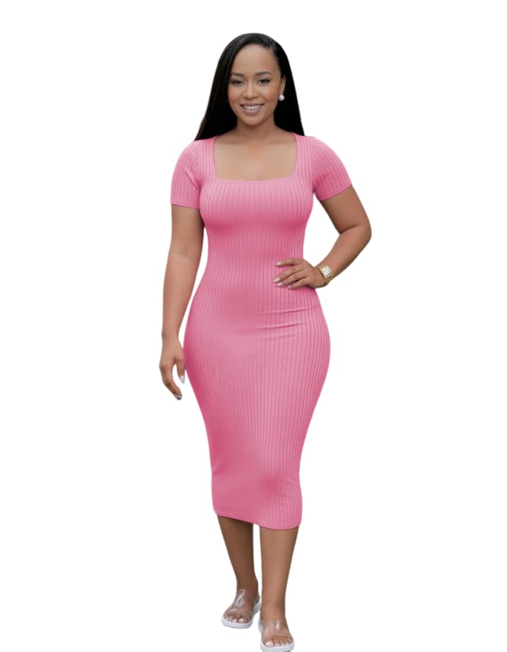 Image of TOPSRANI Women Sexy Midi Dress Bodycon Casual Sleeveless Basic Ruched Tank Summer Club Party Dresses