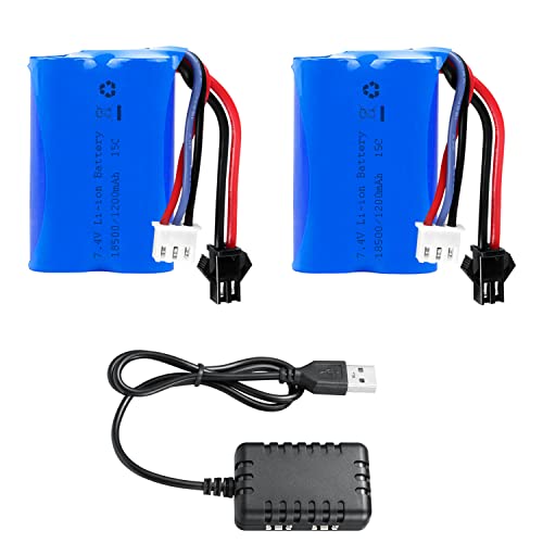 VICMILE H101 RC Boat Battery 7.4V 1200mAh Li-ion Battery SM2P Plug with 1 to 2 USB Charger Compatible with Most RC Boat RC Cars Trucks Rechargeable Batteries 2PACK