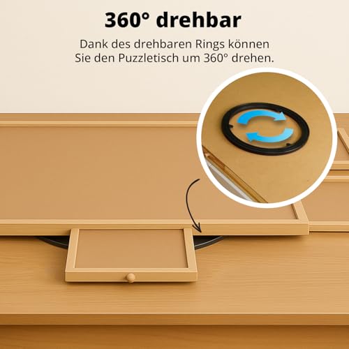 Drehbares Puzzle Board mit Schubladen & Abdeckplatte – Puzzletisch für 1000 Teile, 360° rotierbar, Rutschfester Filz, Sortierfächer, stabiles Holzbrett zum Puzzeln