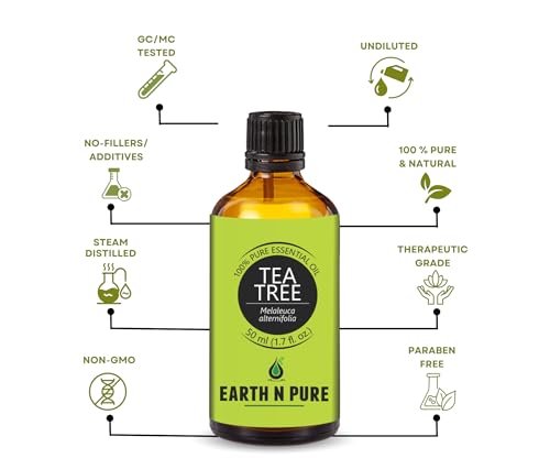 Image of Earth N Pure Tea Tree Essential Oil | 100% Pure Natural Therapeutic Grade | Steam Distilled Melaleuca Alternifolia Oil | For Diffuser, Aromatherapy, Hair Care, Skin Care & DIY | 50ml