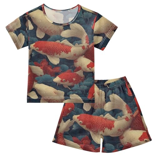 Pajama Short Sets Koi Fish Pattern Print Soft Cotton Summer Sleepwear 2 Piece PJS Size 5-14T