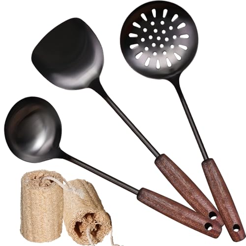 Wok Spatula and Ladle,Skimmer Ladle Tool Set,15 Inches 18/10 Stainless Steel Vintage Wok Utensils,Wok Spatula and Ladle Set with Solid Wooden Handle?Wok Accessories with Natural Cleaning Loofah Sponge