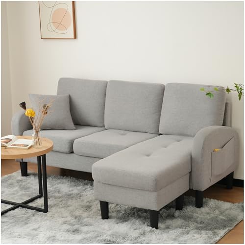 Lubvtti Sofá esquinero en Forma de L,sofá Chaise Longue, sofá 3 plazas 185 x 118 x 82 cm, Tejido de algodón y Lino Transpirable, para salón, Apartamentos y oficinas, Gris