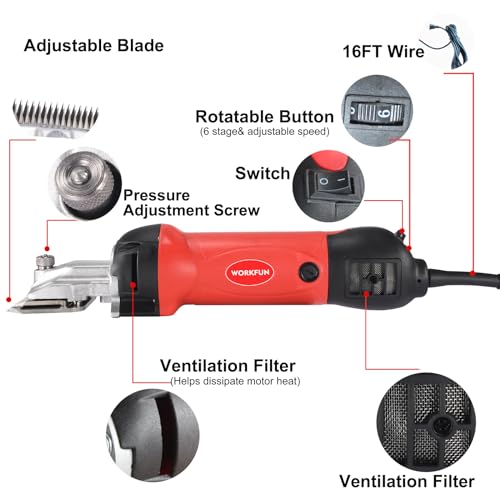 WORKFUN Professional Horse Clippers 600W, 6 Speed Adjustable Grooming Clippers for Horse, Horse Trimmer Shaver Kit for Horse, Goat, Cattle, Pony and Large Thick Coat Animals