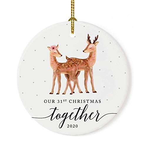 Andaz Press Custom Year 31st Wedding Anniversary Round Ceramic Porcelain Christmas Tree Ornament Keepsake Collectible Gift, Our 31st Christmas Together 2026, Woodland Deer, 1-Pack with Gift Box