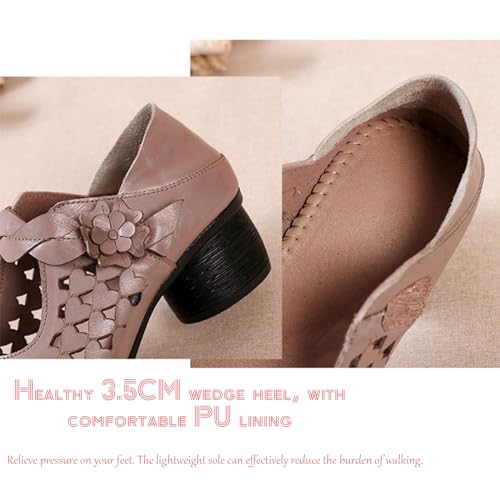 Genuine Leather Hollow Chunky Heel Pumps - Retro Closed Wide Head Adjustable Hook and Loop Block Heel Comfortable Breathable Fashionable Mom Pumps for Work Party4