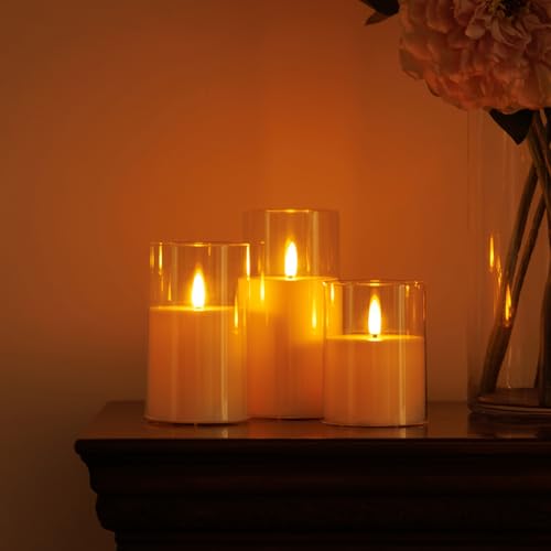 Image of Flickering Flameless Candles,Battery Operated Candles,Acrylic Pillar Candles, Realistic LED Candles with Remote and Timer,Set of 3