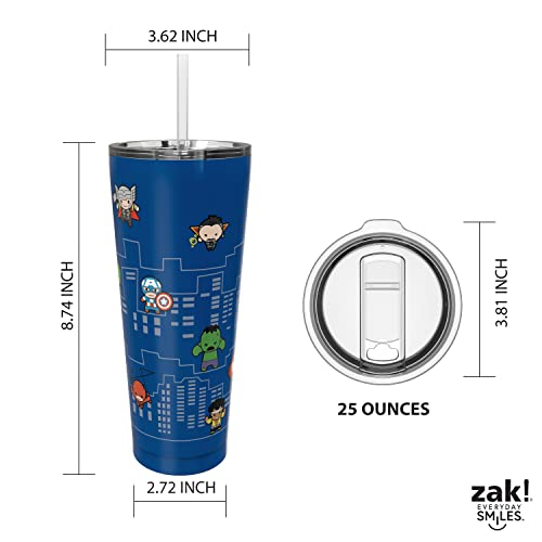 Image of Zak Designs Marvel Avengers Vacuum Insulated Stainless Steel Travel Tumbler with Splash-Proof Lid, Includes Reusable Plastic Straw and Fits in Car Cup Holders (18 /8 SS, 25 oz, Non-BPA)